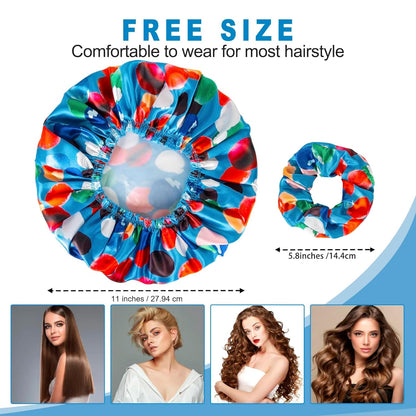 Shower Cap for Women Set of 4, Bath Caps, Double Layers Hair Caps + 2 Satin Hair Scrunchies, Reusable Waterproof Shower Caps, Elastic Hair Cap for Shower - Pattern A