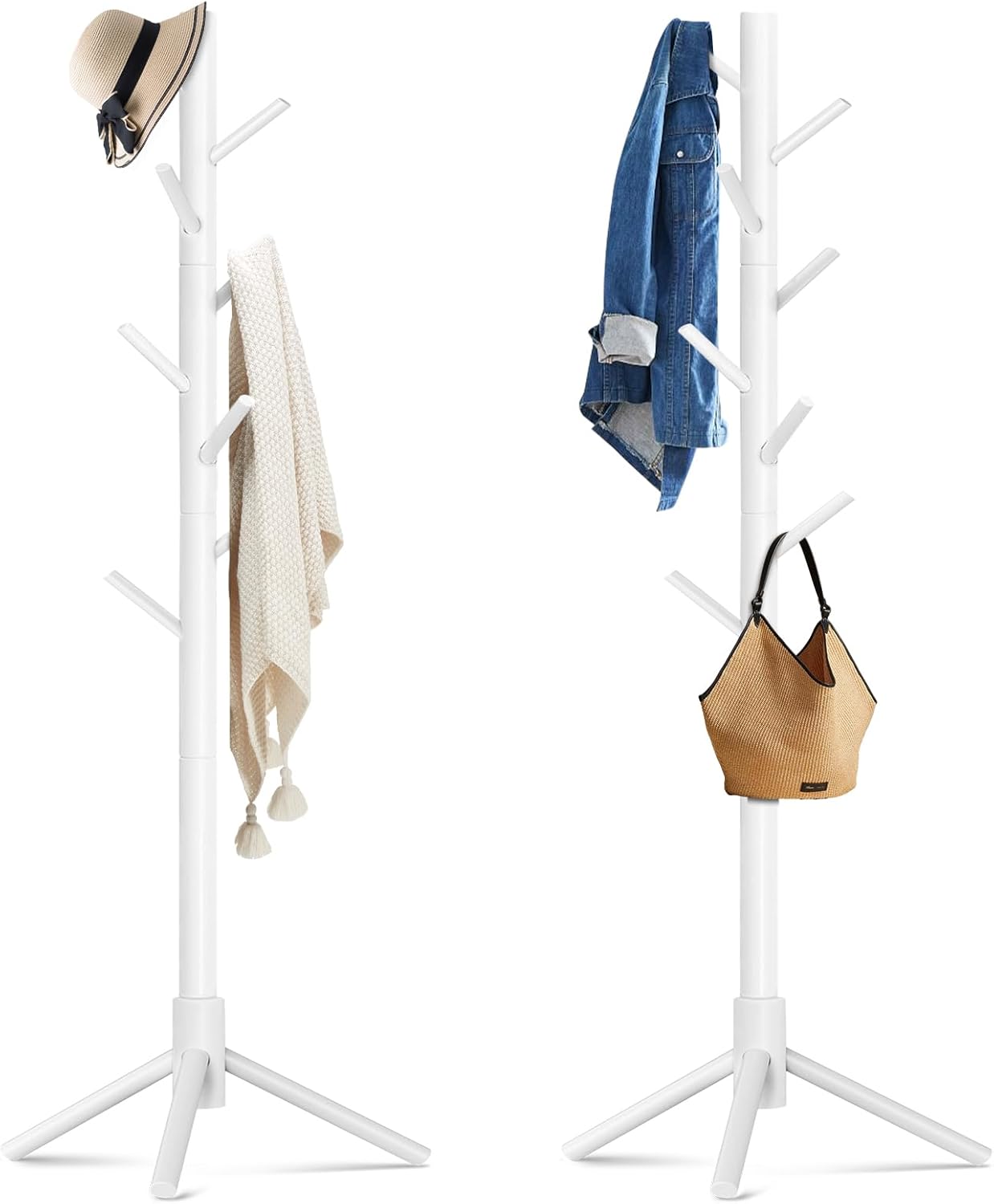 Coat Rack Freestanding with 8 Hooks,Easy Assembly New Zealand Pine Tree Coat Racks, 3 Adjustable Sizes for Clothes, Hats, Bags, for Entryway, Hallway, Bedroom, Office (White, 1 PC)