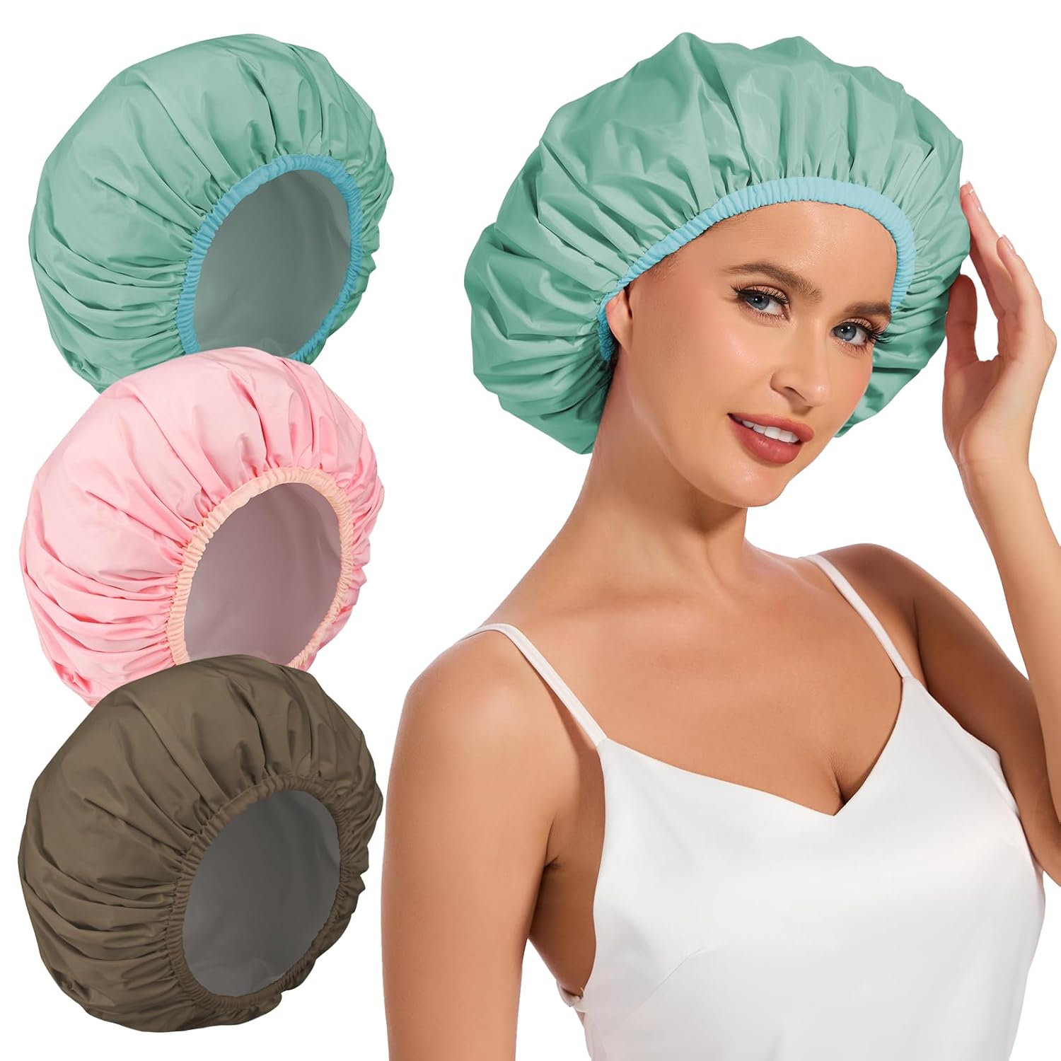 Shower Cap for Women Waterproof Reusable, Large Shower Cap Non-Slip with Elastic Band, Washable Bath Hair Hat for Long Hair, Braids (Pink)