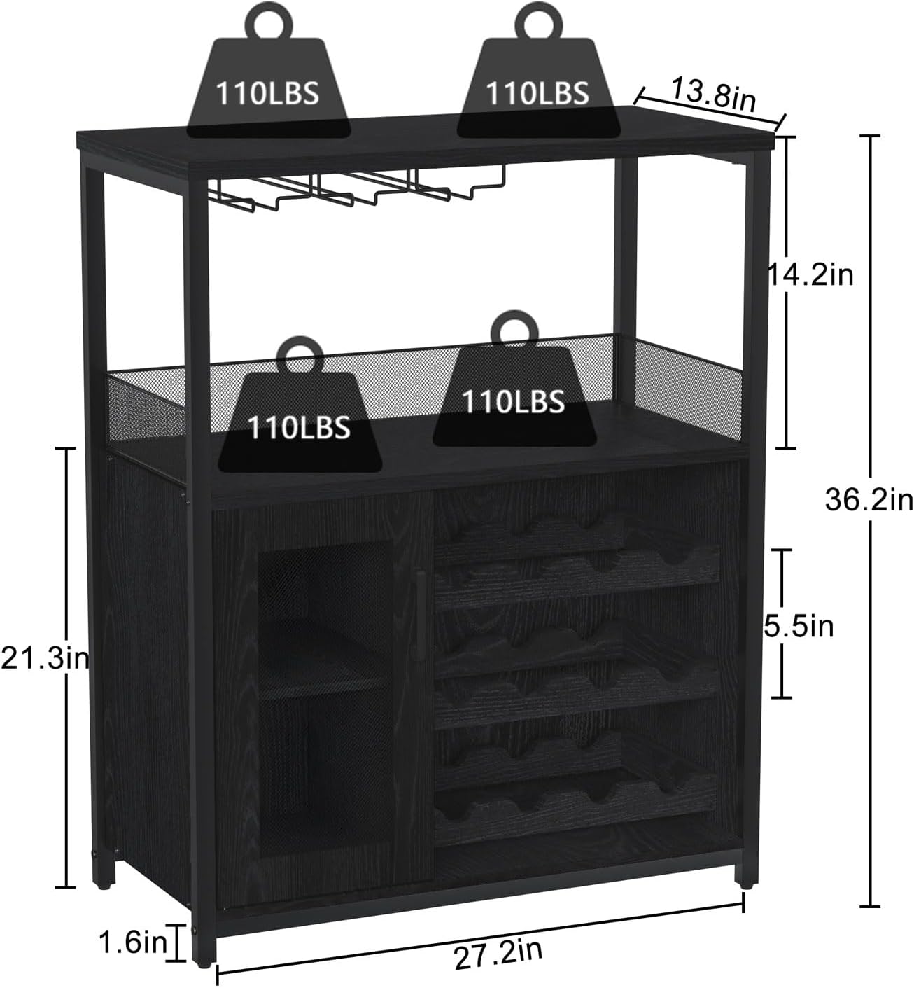 GAOMON Coffee Wine Bar Cabinet with Storage and Detachable Rack, Farmhouse Sideboard and Buffet Cabinet with Glass Holder and Mesh Door, Liquor Coffee Bar Cupboard, Black