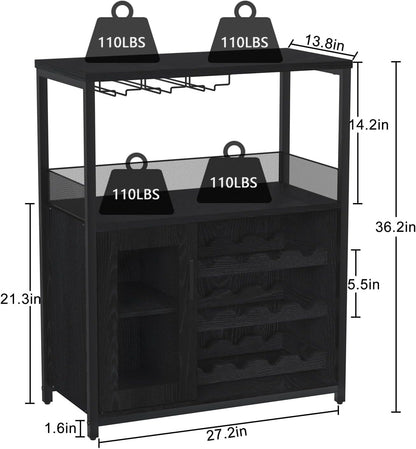 GAOMON Coffee Wine Bar Cabinet with Storage and Detachable Rack, Farmhouse Sideboard and Buffet Cabinet with Glass Holder and Mesh Door, Liquor Coffee Bar Cupboard, Black