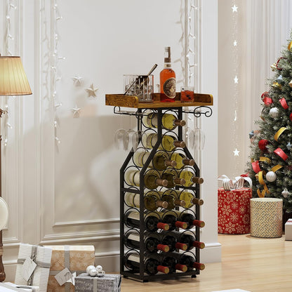 X-cosrack Wine Rack Freestanding Floor, Wine Storage Rack Mini Bar Table with Tabletop, Glass Holder Wine Bottle Display Stand Liquor Cabinet for Home Bar Kitchen Living Room