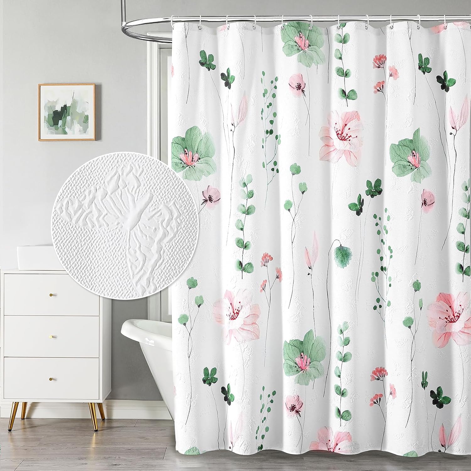 Watercolor Floral Shower Curtain, 3D Embossed Butterflies Grey Beige Flower Bathroom Curtains, Minimalist White Cloth Bath Curtain, Waterproof Fabric Textured Shower Curtain Set with Hooks, 72x72