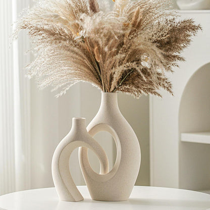 Ceramic Vase Set of 2, Nordic Modern Boho ins Style Decorative Ceramic Aesthetic Flower Vase for Home Decor (Milky White W 6.3" X H 8.4")