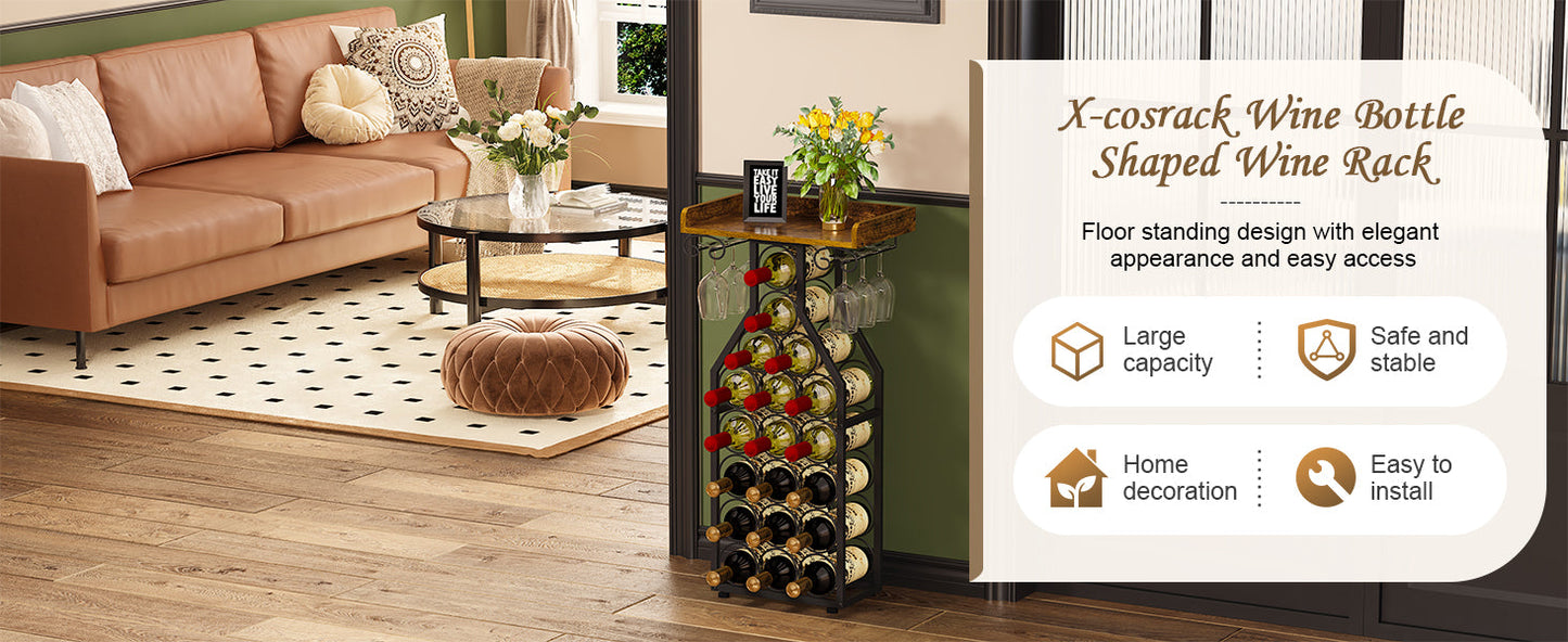 X-cosrack Wine Rack Freestanding Floor, Wine Storage Rack Mini Bar Table with Tabletop, Glass Holder Wine Bottle Display Stand Liquor Cabinet for Home Bar Kitchen Living Room
