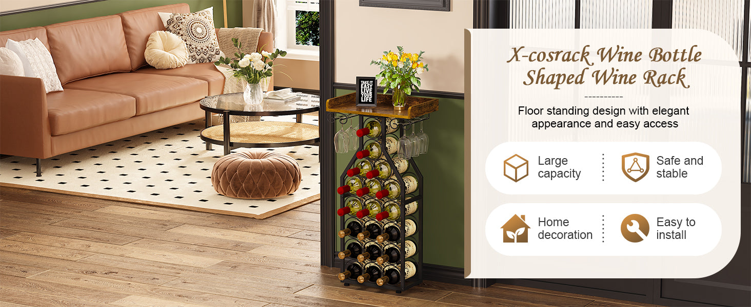 X-cosrack Wine Rack Freestanding Floor, Wine Storage Rack Mini Bar Table with Tabletop, Glass Holder Wine Bottle Display Stand Liquor Cabinet for Home Bar Kitchen Living Room