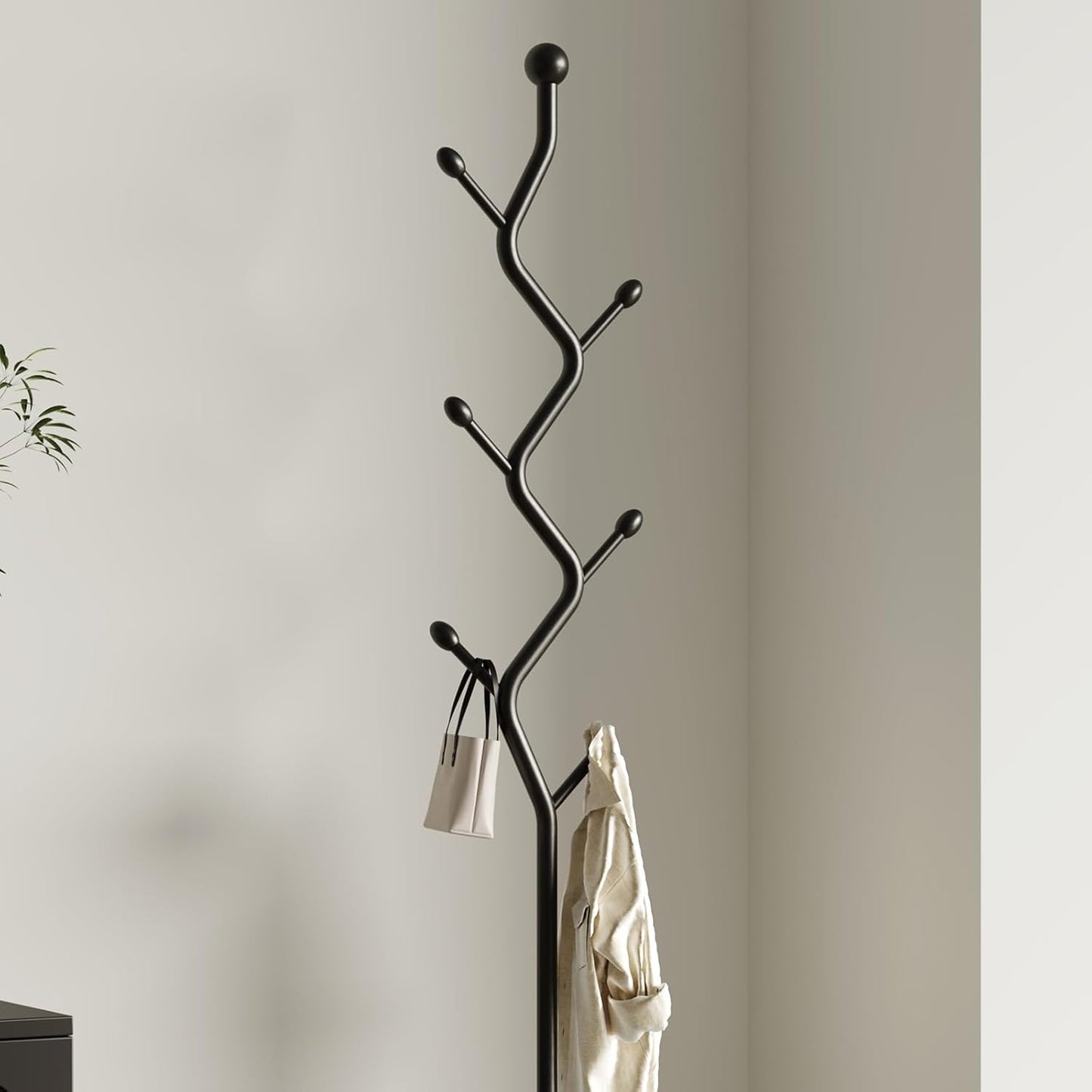 Tree Branch-Look Coat Rack Freestanding with 6 Hooks & Sturdy Marble base Metal Clothes Hanger Stand for Entryway/Mudroom/Bedroom/Hallway/Home Office (Matte black)