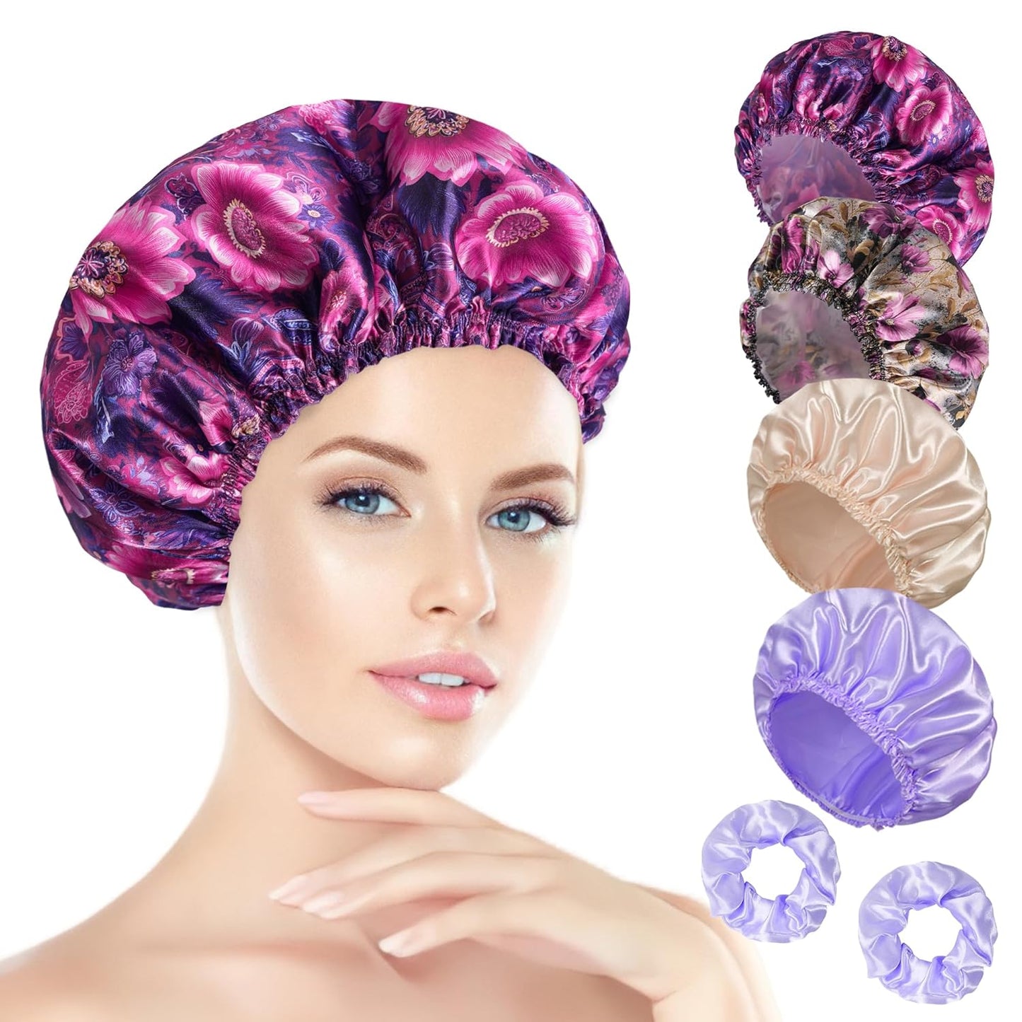 Shower Cap for Women Set of 4, Bath Caps, Double Layers Hair Caps + 2 Satin Hair Scrunchies, Reusable Waterproof Shower Caps, Elastic Hair Cap for Shower - Pattern A