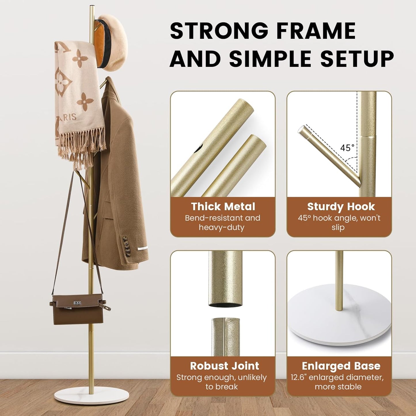 Freestanding Coat Rack with Marble Base, 4 Height Adjustable Standing Metal Coat Tree with 7 Hooks, Space-Saving Hat Clothes Coat Stand for Entryway, Bedroom, Office (Gold)