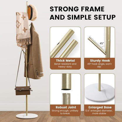 Freestanding Coat Rack with Marble Base, 4 Height Adjustable Standing Metal Coat Tree with 7 Hooks, Space-Saving Hat Clothes Coat Stand for Entryway, Bedroom, Office (Gold)
