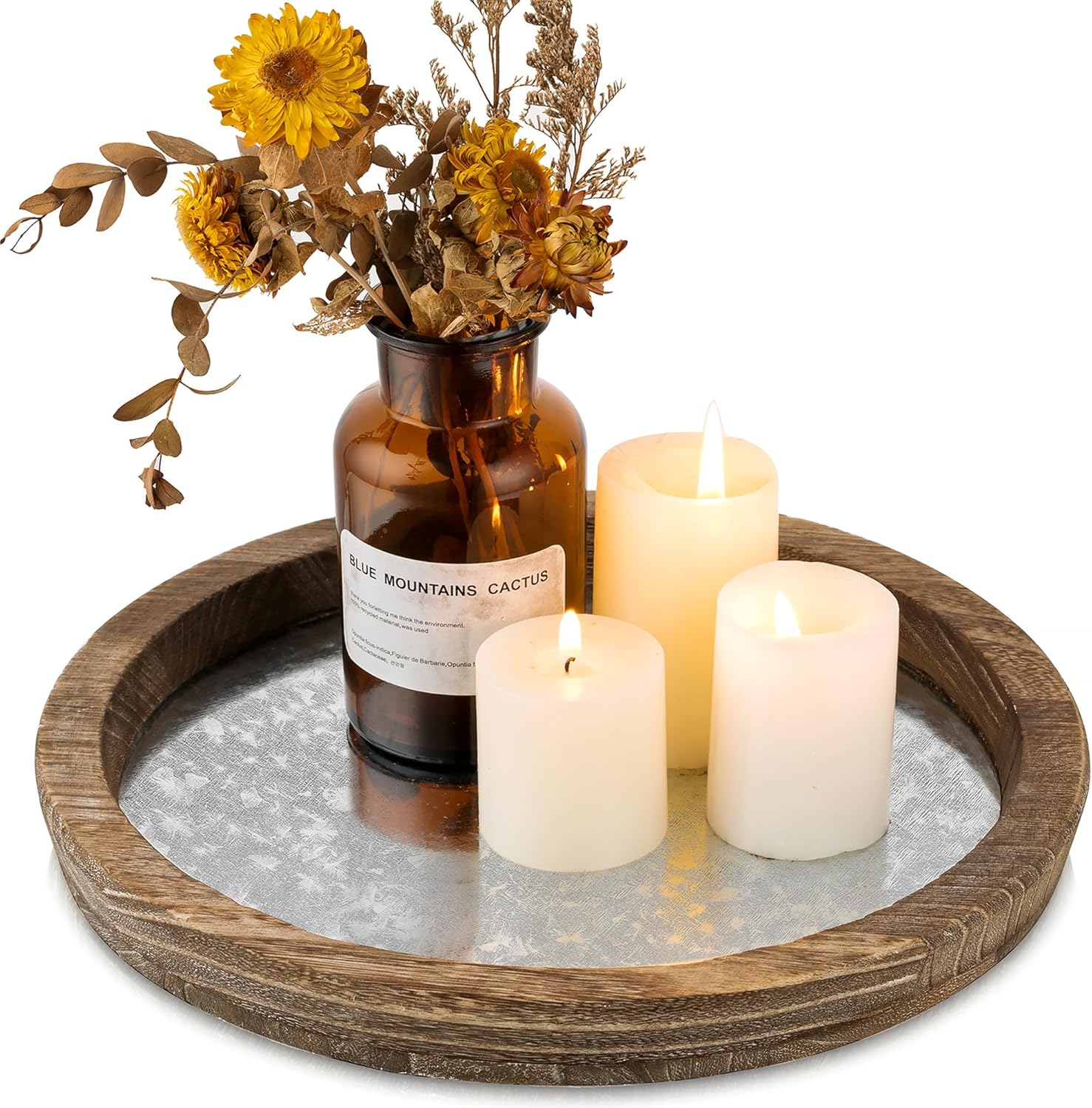 Candle Plate Holder Tray: Round White Wood Decorative Tray Decor - Rustic Farmhouse CoffeeTable Decor - Tealight Pillar Trays for Home Decor