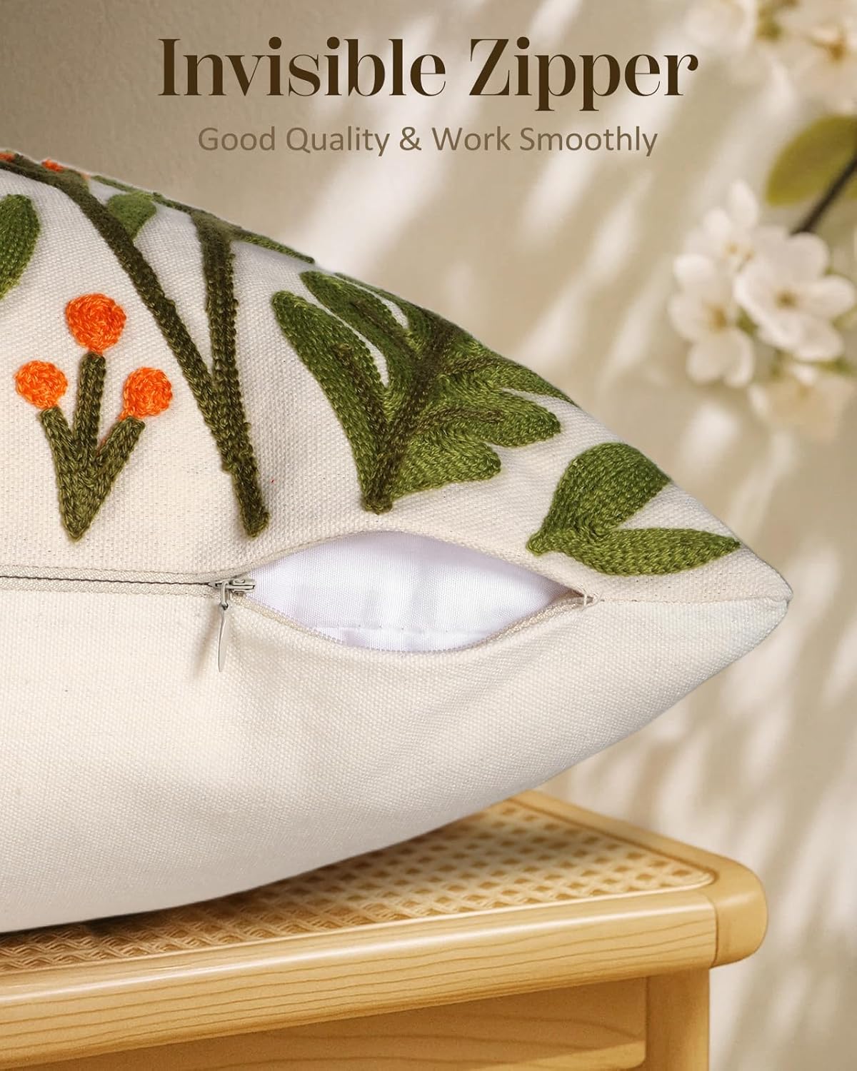 Embroidered Throw Pillow Cover 18x18 Inch - Spring Summer Boho Decorative Pillow Cover with Zipper for Living Room Couch Sofa Bed Aesthetic Design Flower Cluster Cushion Pillowcase