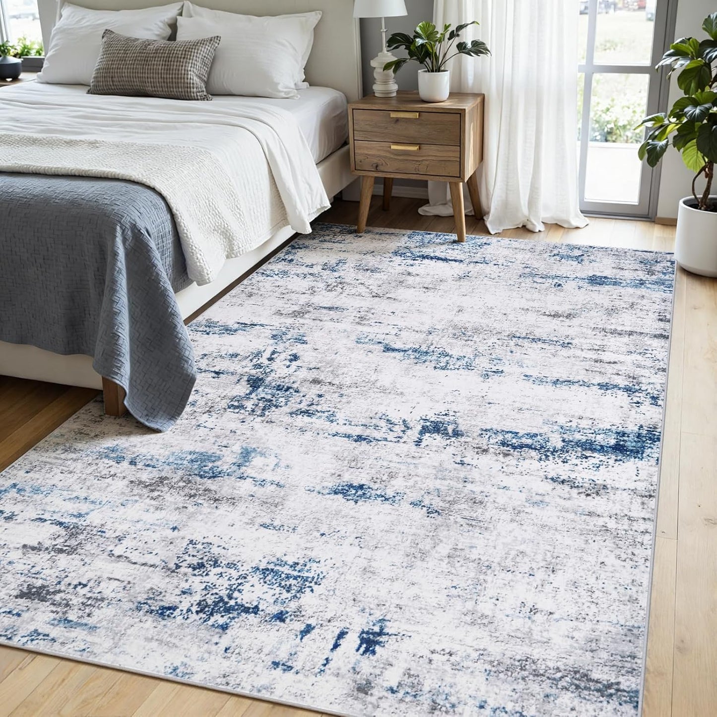 Area Rug Living Room Rugs: 5x7 Large Soft Indoor Carpet Modern Abstract Rug with Non Slip Rubber Backing for Under Dining Table Nursery Home Office Bedroom White Gray Blue