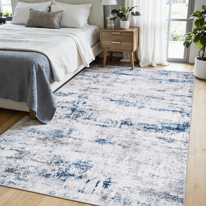 Area Rug Living Room Rugs: 5x7 Large Soft Indoor Carpet Modern Abstract Rug with Non Slip Rubber Backing for Under Dining Table Nursery Home Office Bedroom White Gray Blue