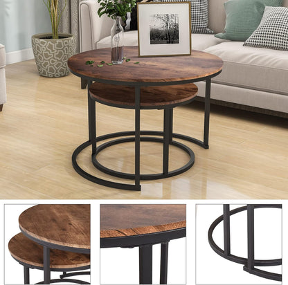 HOJINLINERO Round Coffee Table,Nesting Coffee Table Set of 2,Center Tables for Living Room,Office, Home Small Space,Stacking Side Tables,Sturdy and Easy Assembly,Wood Desktop,Brown,Large