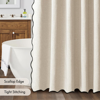 Beige Scalloped Shower Curtain Linen Textured with 12 Metal Hooks Cute Heavy Duty Washable Waterproof Neutral Thick Cloth Shower Curtains with Black Border for Bathroom Bathtub,W72*L72 Cream