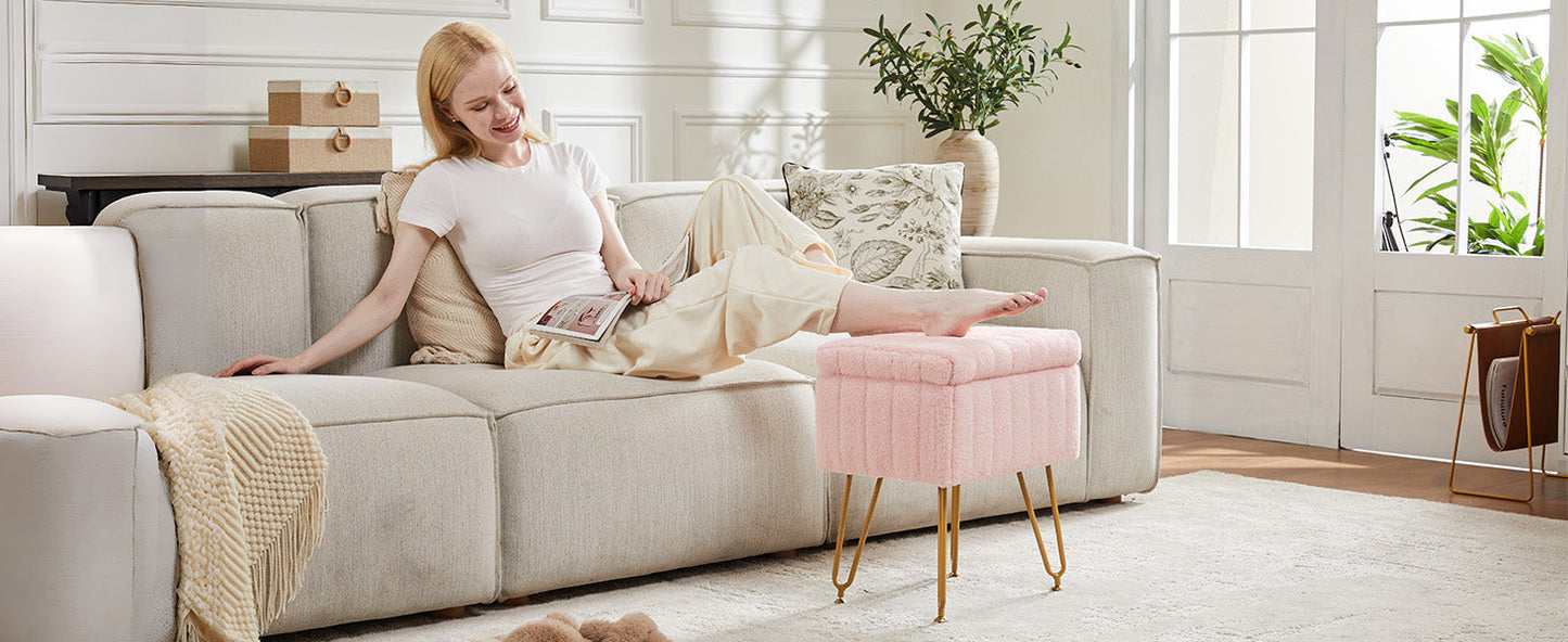 Vanity Stool Chair with Storage, 18.9”H x 16”L x 12.2”W Ottoman Chair Faux Fur Soft Padded Makeup Footstools Seat with 4 Metal Legs Anti-Slip Adjustable Feet for Make Up, Pink