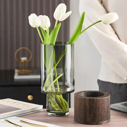 Wood Glass Vase, 10" H, Wooden Base Cylindrical Flower Vase, Classic Boho Rustic Style for Fireplace Bedroom Kitchen Living Room Centerpieces Office Desk