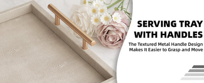 Modern Decorative Tray Set of 2 Ivory Shagreen Leather and Wood Serving Tray with Gold Polished Metal Handles for Ottoman, Coffee Table, Bathroom and More