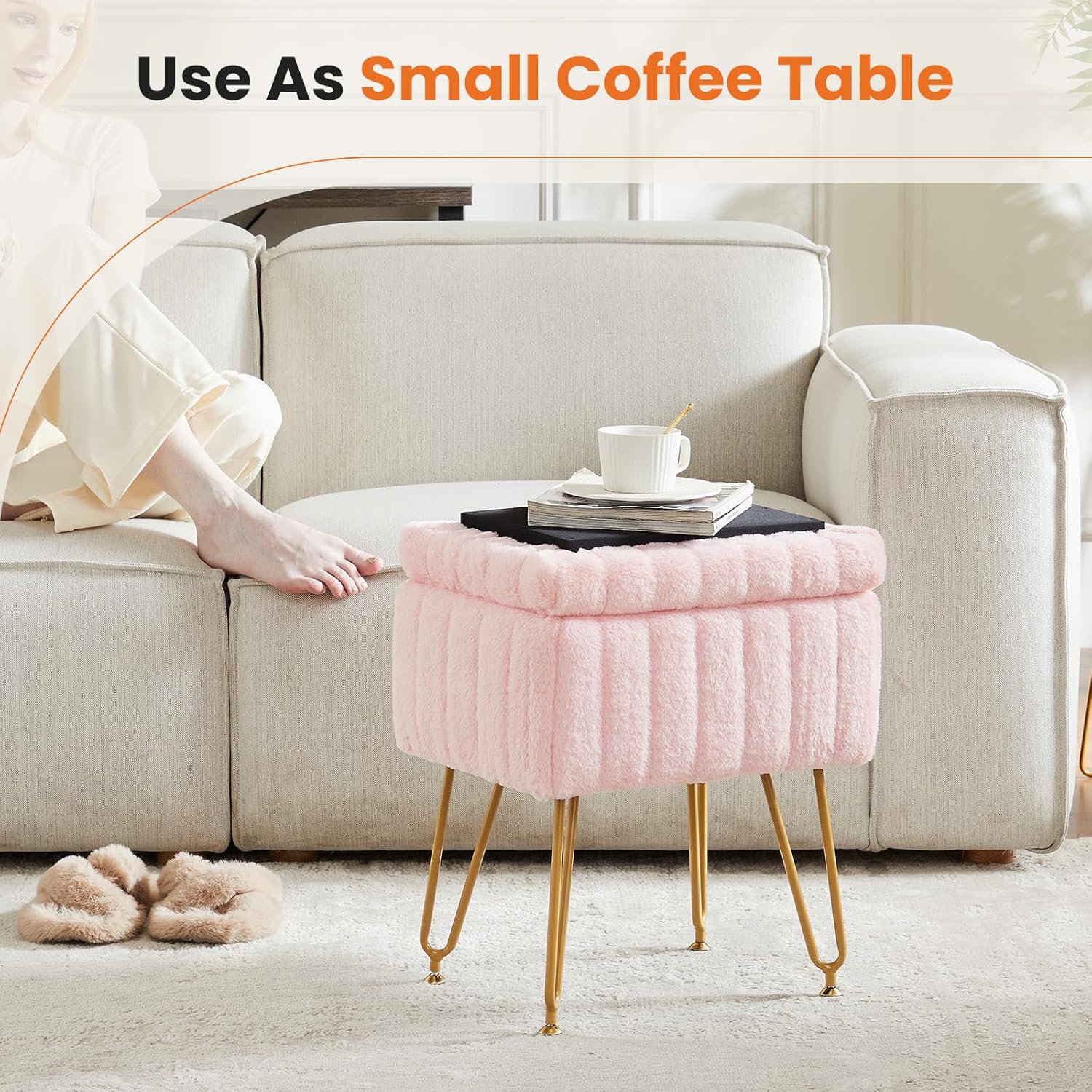 Vanity Stool Chair with Storage, 18.9”H x 16”L x 12.2”W Ottoman Chair Faux Fur Soft Padded Makeup Footstools Seat with 4 Metal Legs Anti-Slip Adjustable Feet for Make Up, Pink