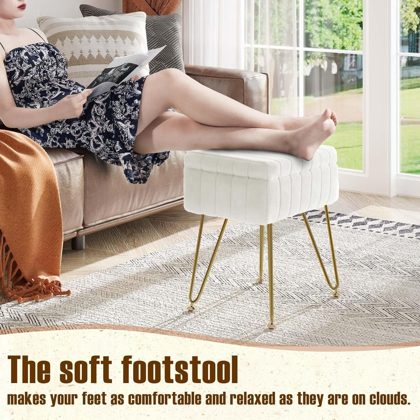 Vanity Stool Chair Faux Fur with Storage, 15.7"L x 11.8"W x 19.4"H Soft Ottoman 4 Metal Legs with Anti-Slip Feet, Furry Padded Seat, Modern Multifunctional Chairs for Makeup, Bedroom White