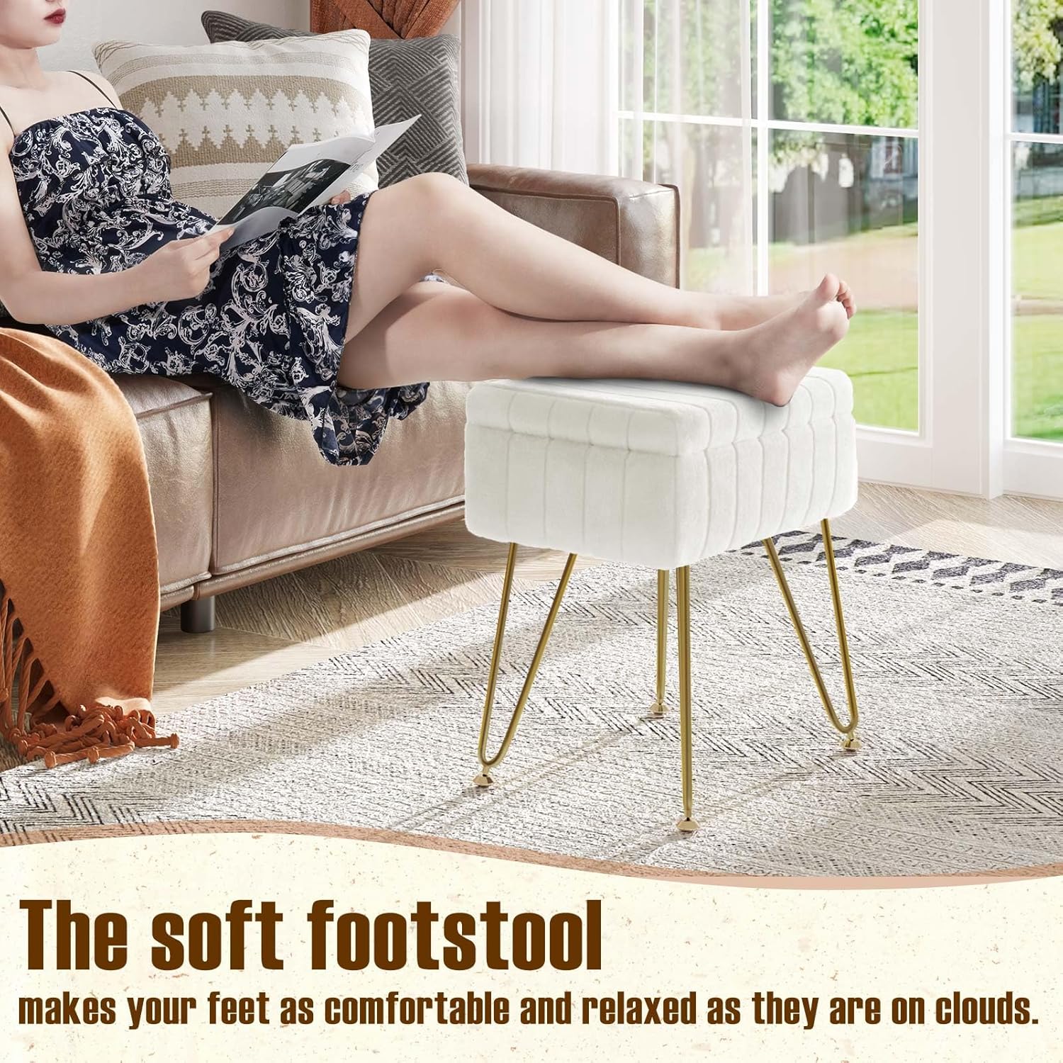 Vanity Stool Chair Faux Fur with Storage, 15.7"L x 11.8"W x 19.4"H Soft Ottoman 4 Metal Legs with Anti-Slip Feet, Furry Padded Seat, Modern Multifunctional Chairs for Makeup, Bedroom White