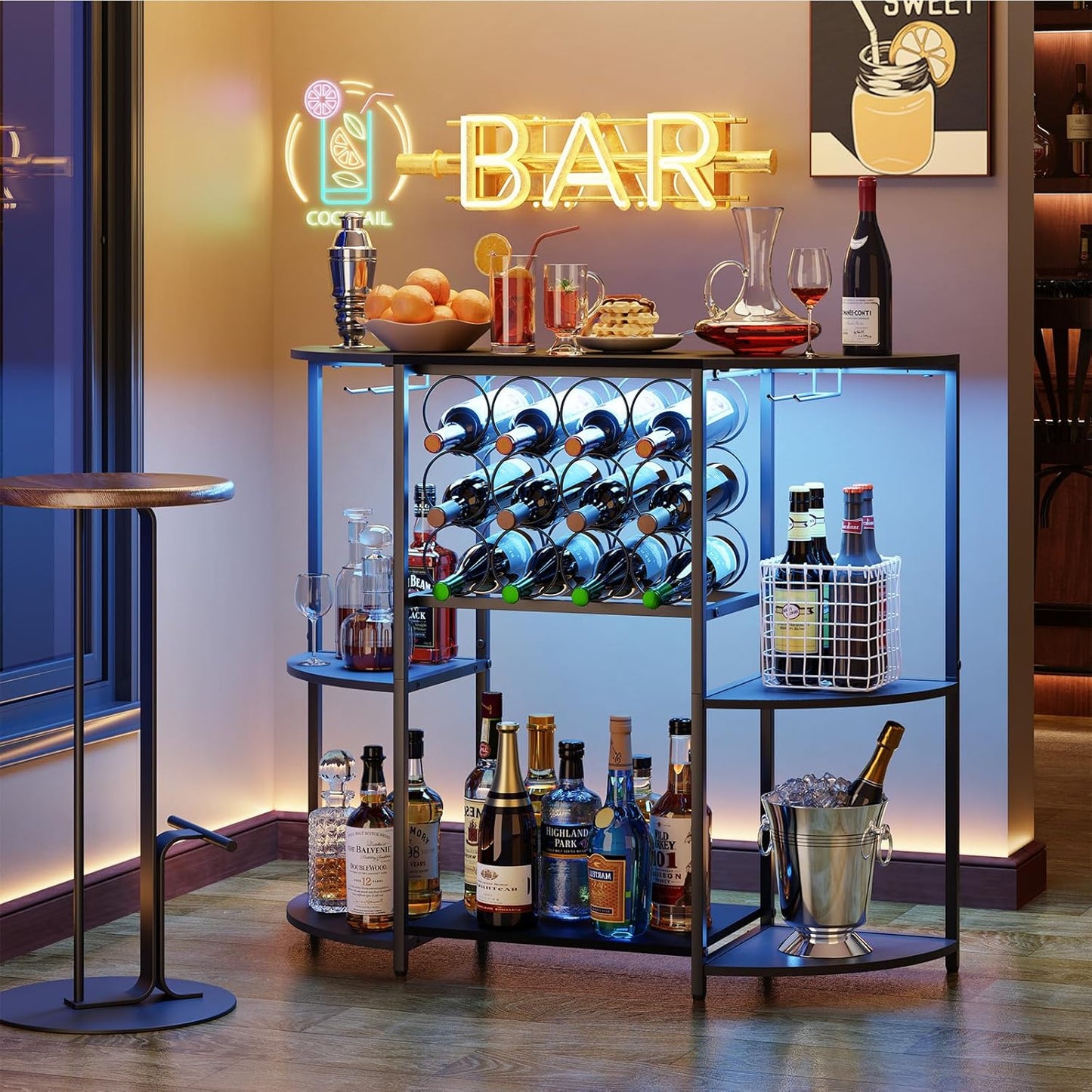 JKsmart Wine Bar Cabinet with LED Lights, Mini Wine Bar Cart with Storage and Glass Holder, Home Bar Coffee Bar for Liquor, 3-Tier Bar Table for Kitchen, Dining Room, Living Room, Black