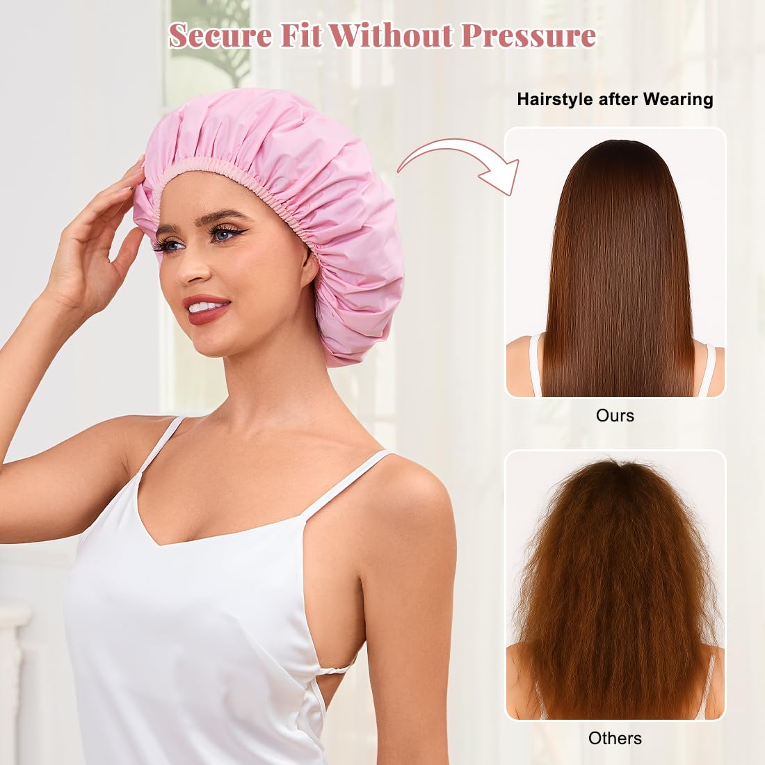 Shower Cap for Women Waterproof Reusable, Large Shower Cap Non-Slip with Elastic Band, Washable Bath Hair Hat for Long Hair, Braids (Pink)