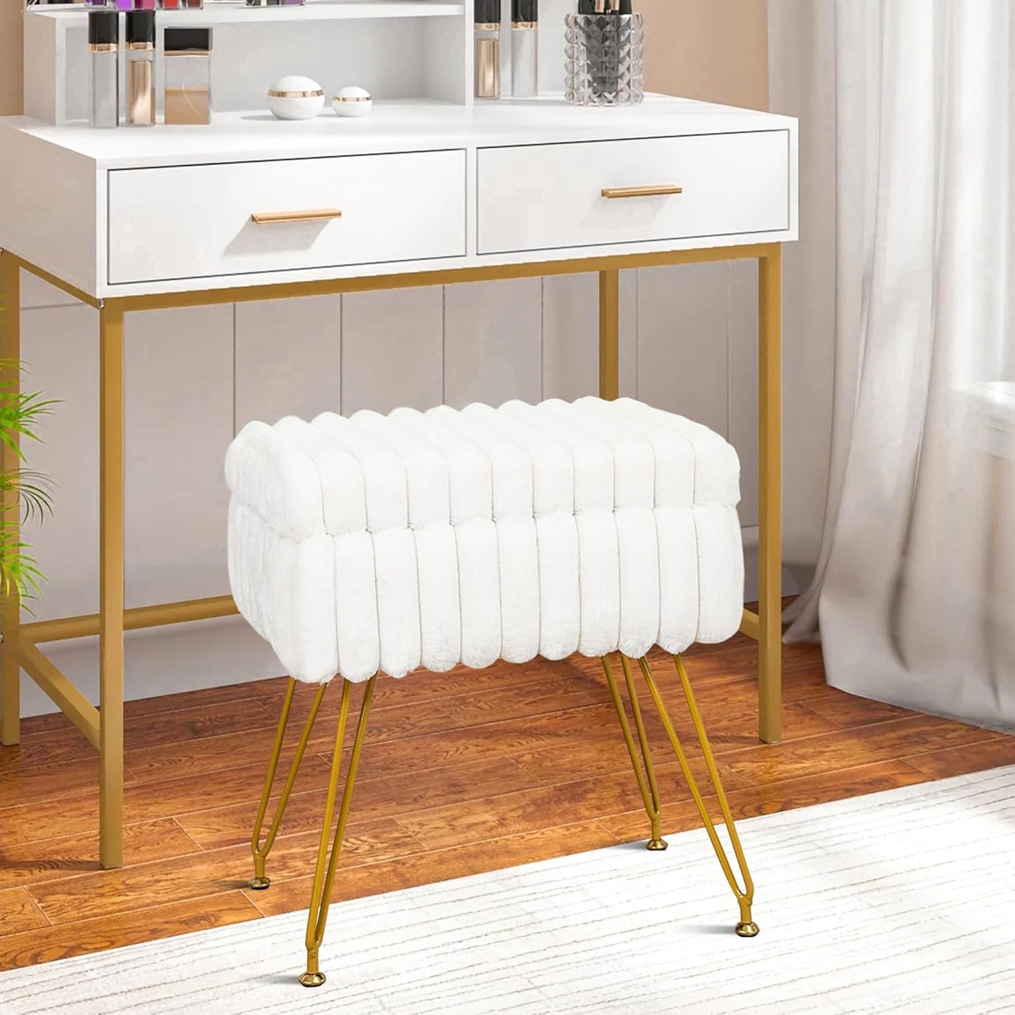 Faux Fur White Vanity Stool Chair with Storage Ottoman, Vanity Chair for Makeup Room, Vanity Stools for Bedroom, Footrest with Metal Legs and as a Coffee Table, White