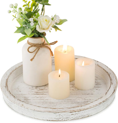 Candle Plate Holder Tray: Round White Wood Decorative Tray Decor - Rustic Farmhouse CoffeeTable Decor - Tealight Pillar Trays for Home Decor