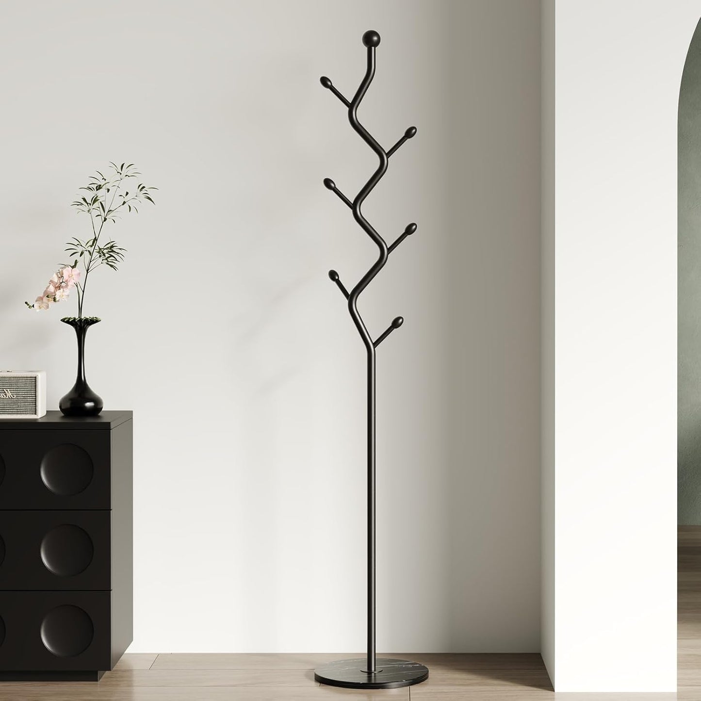 Tree Branch-Look Coat Rack Freestanding with 6 Hooks & Sturdy Marble base Metal Clothes Hanger Stand for Entryway/Mudroom/Bedroom/Hallway/Home Office (Matte black)