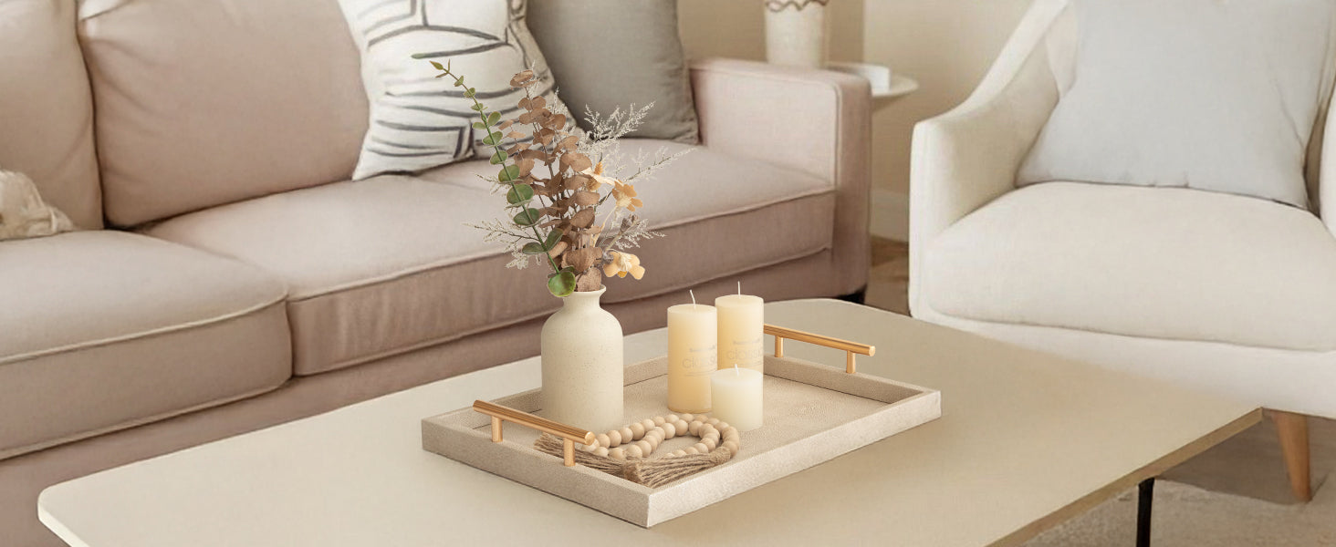 Modern Decorative Tray Set of 2 Ivory Shagreen Leather and Wood Serving Tray with Gold Polished Metal Handles for Ottoman, Coffee Table, Bathroom and More