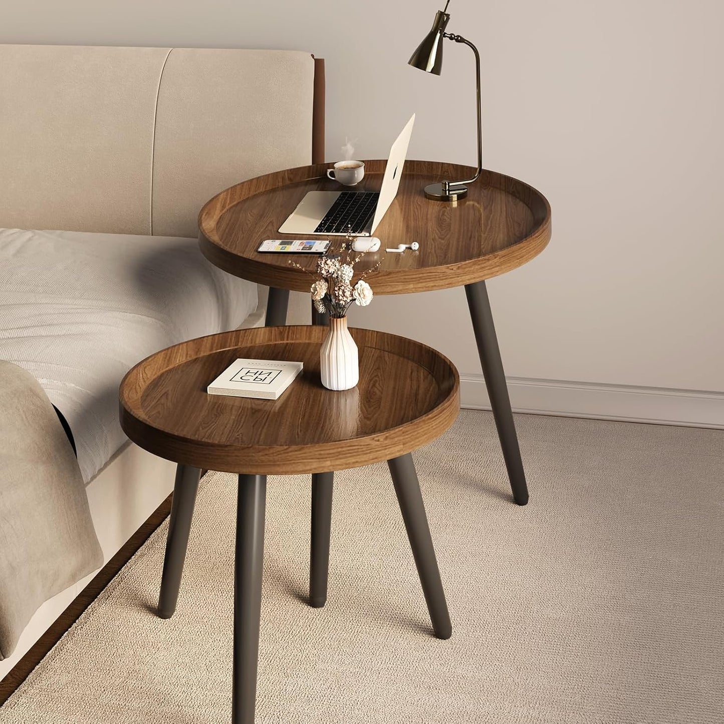 2 PCS Small Round Coffee Table Set, Mid Century Modern Coffee Tables for Living Room, Walnut Nesting Tables for Small Spaces, Easy Assembly Circle Wood Center Table,Black Nesting Coffee Table Set of 2