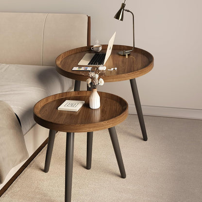 2 PCS Small Round Coffee Table Set, Mid Century Modern Coffee Tables for Living Room, Walnut Nesting Tables for Small Spaces, Easy Assembly Circle Wood Center Table,Black Nesting Coffee Table Set of 2