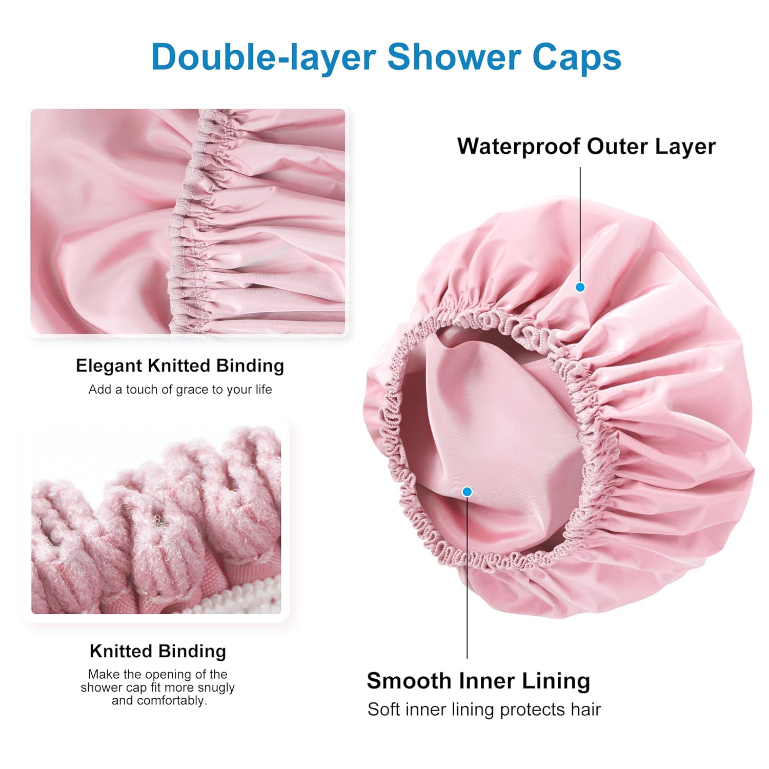 Shower Cap for Women, Double Layer Waterproof Bath Cap, Reusable Hair Protector, Large Waterproof Shower Bonnet Washable Elastic Band Bath Hair Hat for Long Hair, Braids， - Pink