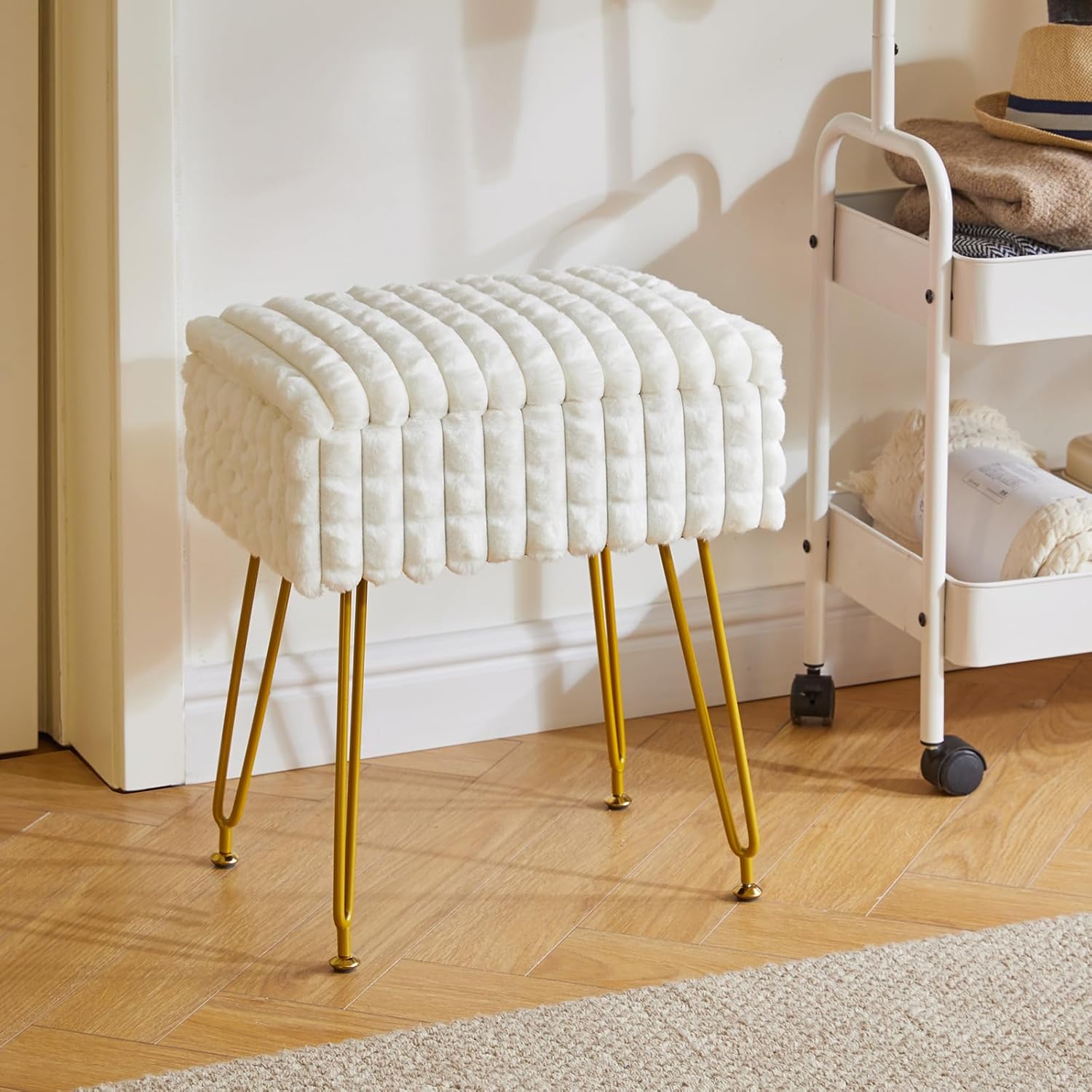 Rectangle Vanity Chair with Storage Space, Footrest Footstool Ottoman, Vanity Stool, Dressing Table Chair, with Anti-Slip Feet, for Makeup Room, Bedroom, Square Grid Pattern, White WBD004W