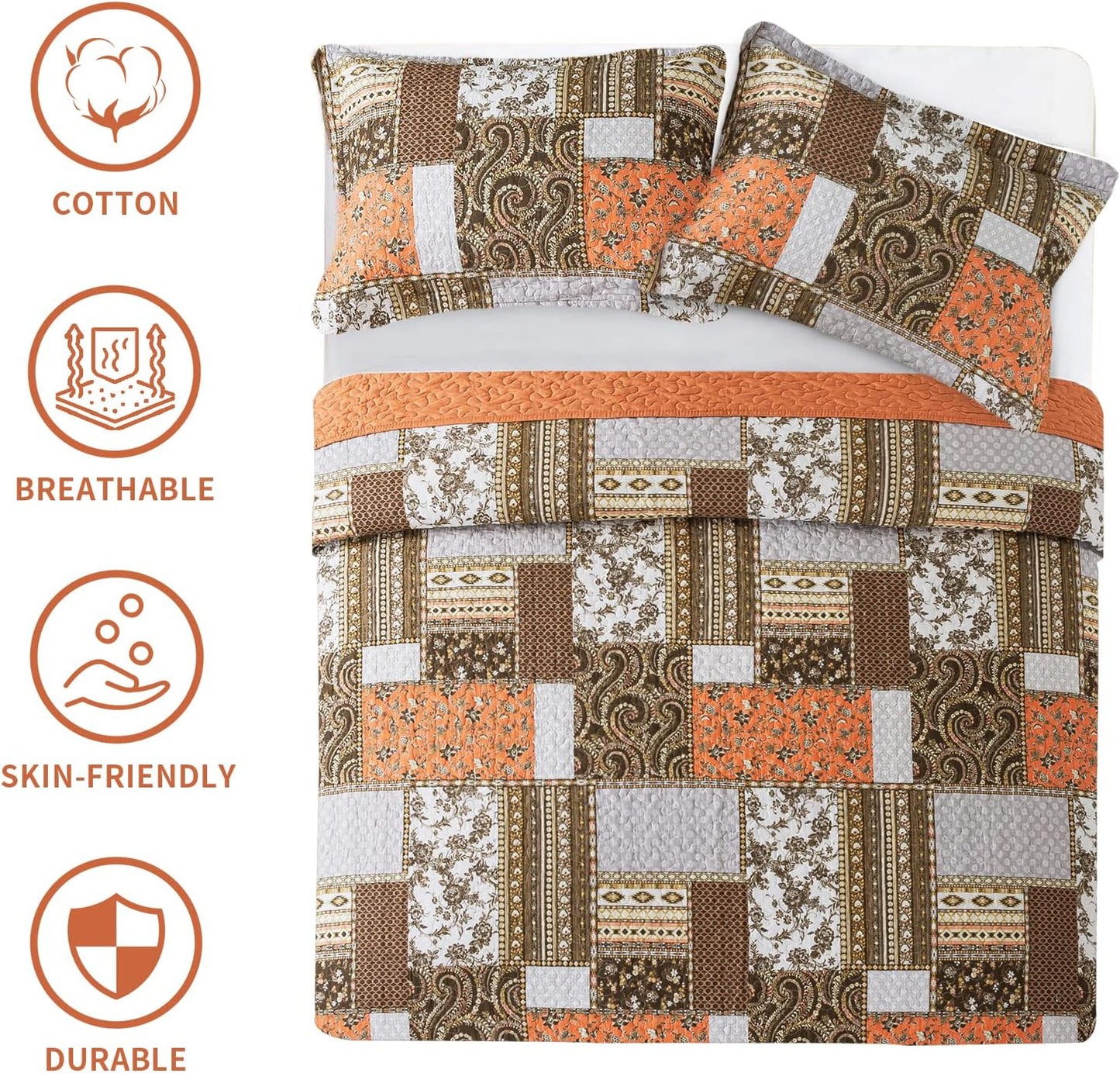 Farmhouse Cotton Quilts Queen Size for Fall - Lightweight Patchwork Autumn Bedspread Set for Bed Coverlet - Highly-Woven Soft Reversible Bed Spread for All Seasons (Floral Orange) 3 Pieces