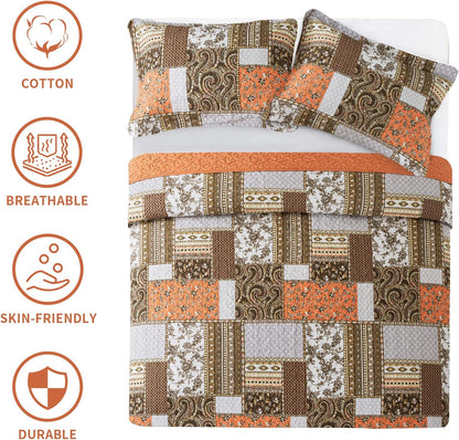 Farmhouse Cotton Quilts Queen Size for Fall - Lightweight Patchwork Autumn Bedspread Set for Bed Coverlet - Highly-Woven Soft Reversible Bed Spread for All Seasons (Floral Orange) 3 Pieces