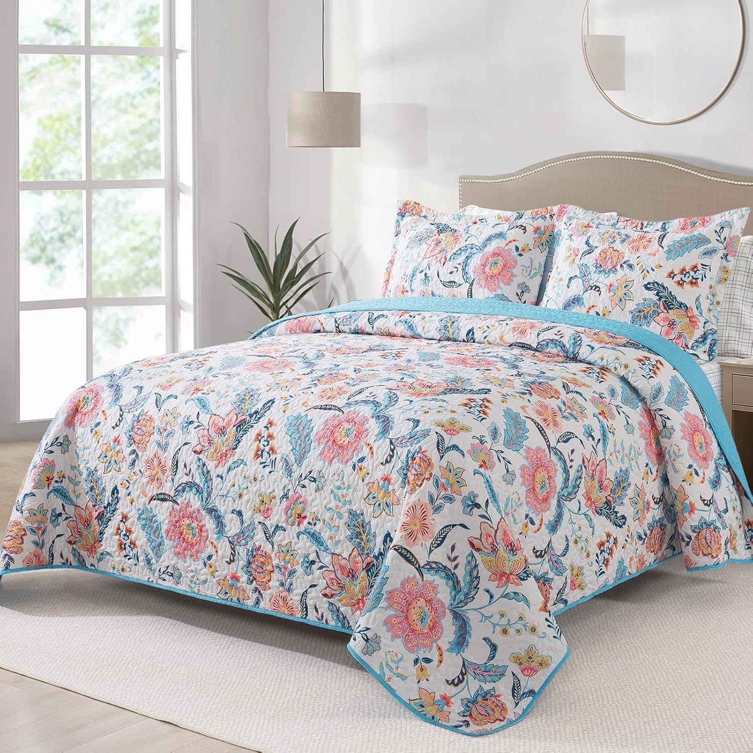 Farmhouse Cotton Quilts Queen Size for Fall - Lightweight Patchwork Autumn Bedspread Set for Bed Coverlet - Highly-Woven Soft Reversible Bed Spread for All Seasons (Floral Orange) 3 Pieces