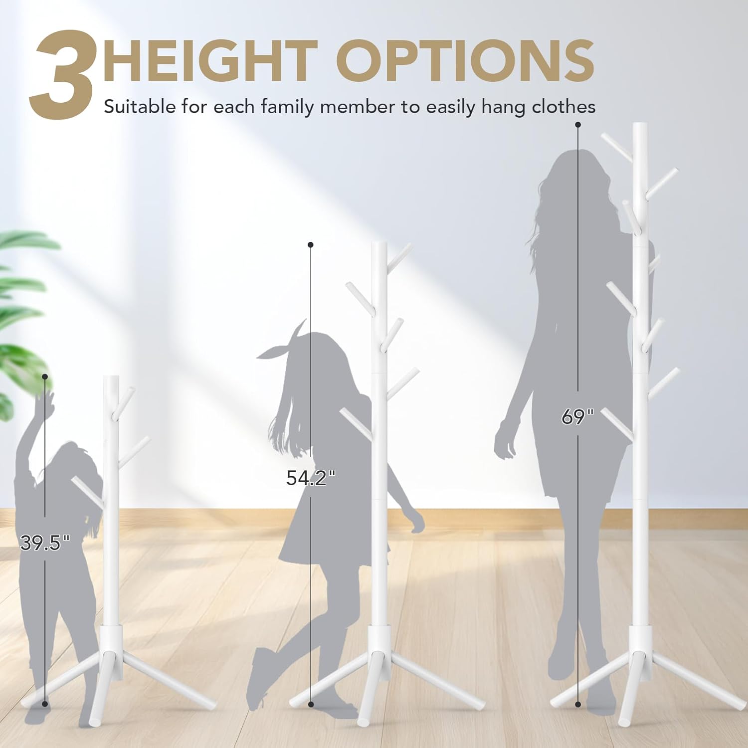 Coat Rack Freestanding with 8 Hooks,Easy Assembly New Zealand Pine Tree Coat Racks, 3 Adjustable Sizes for Clothes, Hats, Bags, for Entryway, Hallway, Bedroom, Office (White, 1 PC)