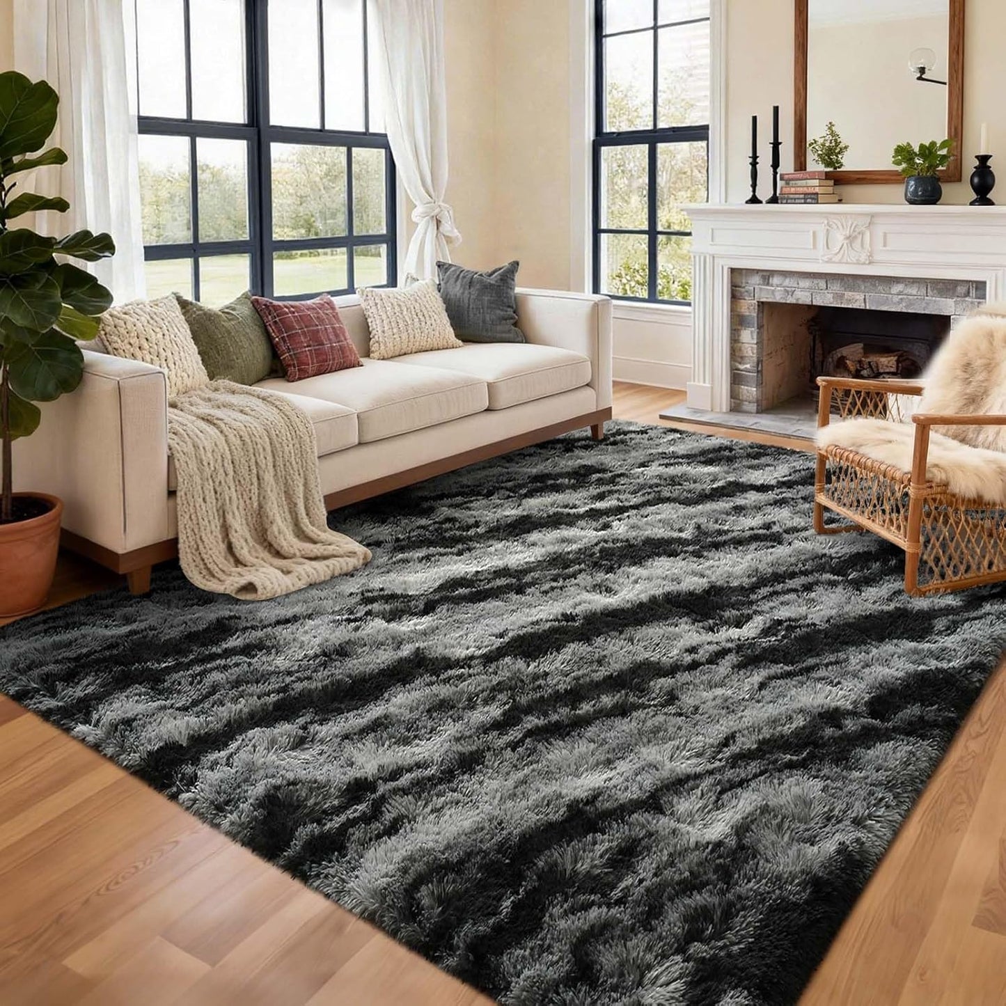 6x9 Ft Large Shag Rugs for Living Room, Tie-Dyed Ultra Soft Fluffy Furry Area Rugs for Bedroom Indoor Floor, Aesthetic Carpet for Kids Home Decor (Dark Grey)