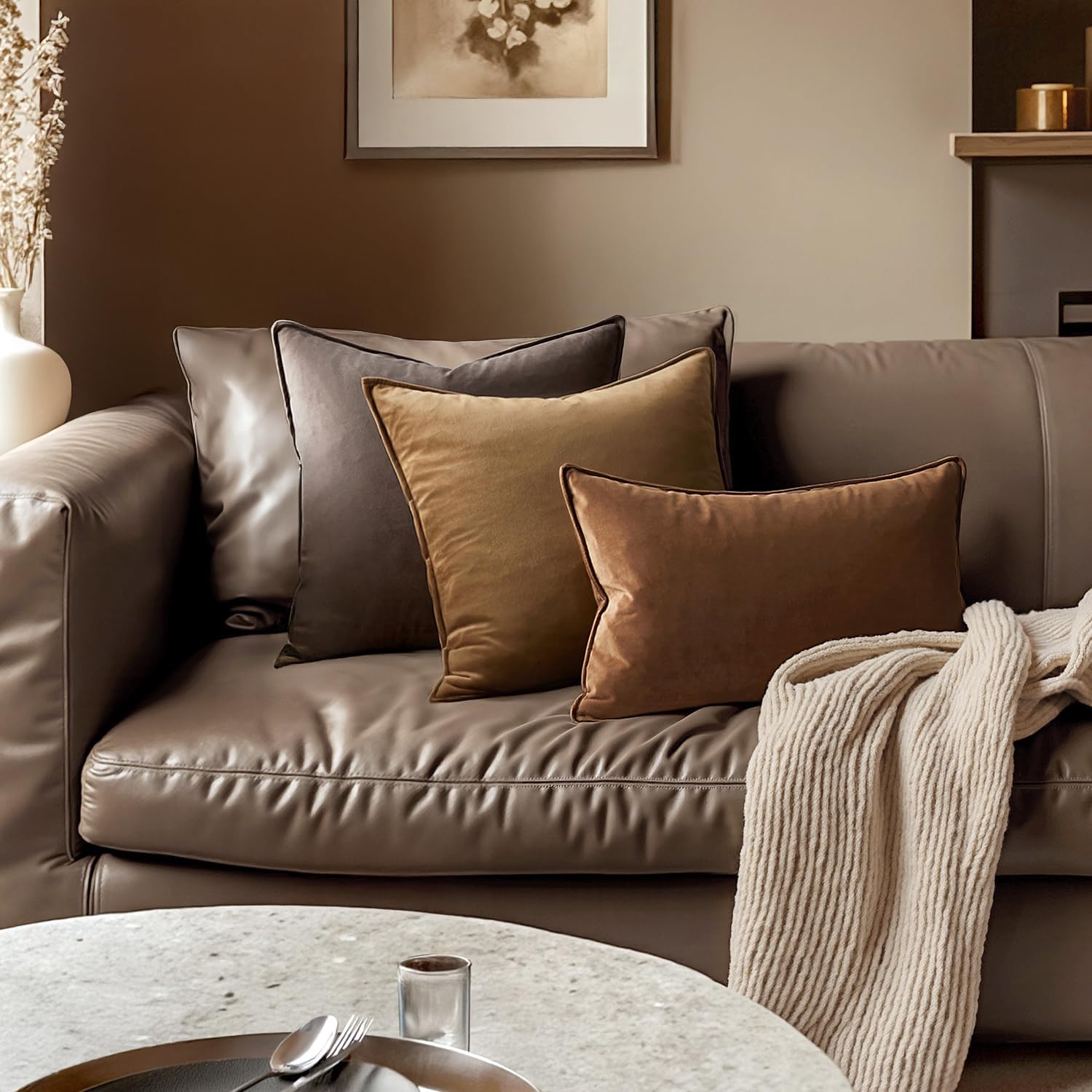 MIULEE Brown Velvet Throw Pillow Covers 20x20 Soft Decorative Solid Square Cushion Cases Pack of 2 Modern Luxury Home Decor for Couch, Sofa, Bedroom