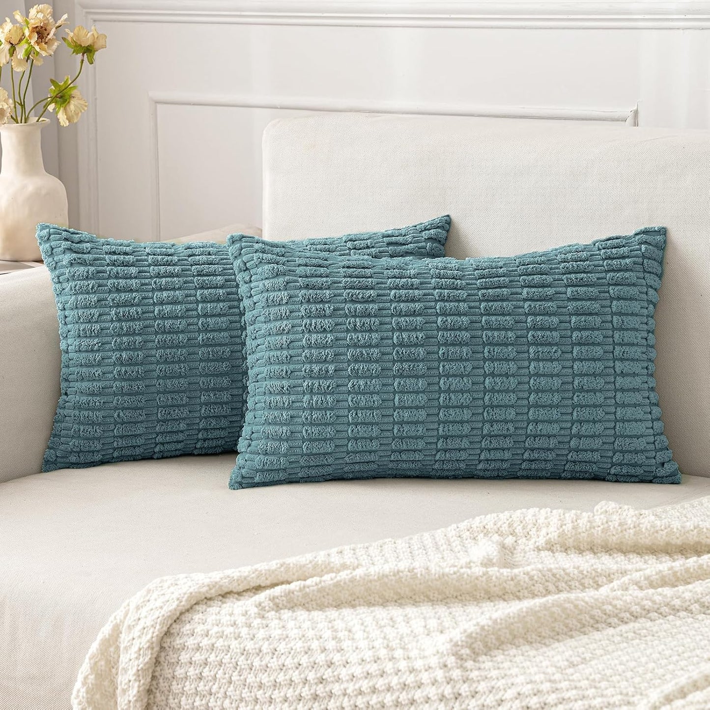 MIULEE Pack of 2 Corduroy Decorative Throw Pillow Covers 18x18 Inch Soft Boho Striped Pillow Covers Modern Farmhouse Home Decor for Sofa Living Room Couch Bed Cream White