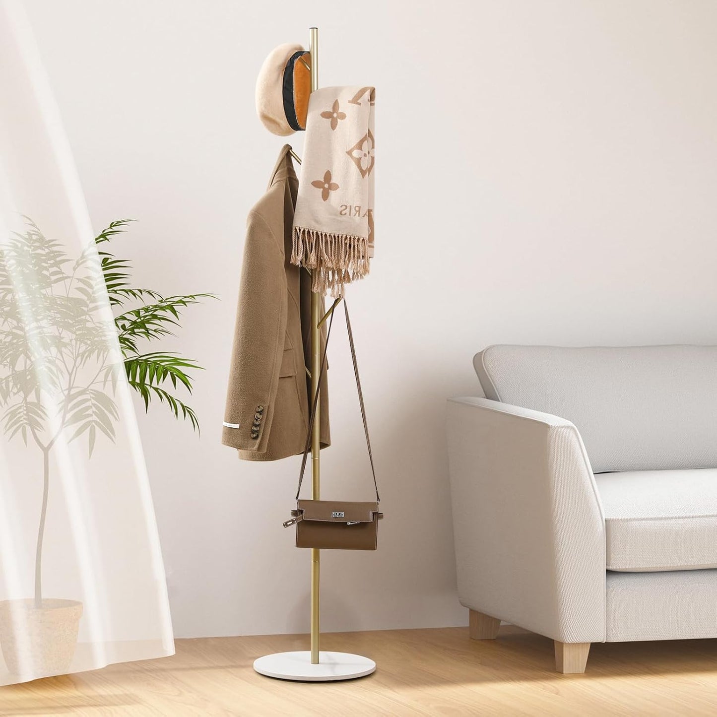 Freestanding Coat Rack with Marble Base, 4 Height Adjustable Standing Metal Coat Tree with 7 Hooks, Space-Saving Hat Clothes Coat Stand for Entryway, Bedroom, Office (Gold)
