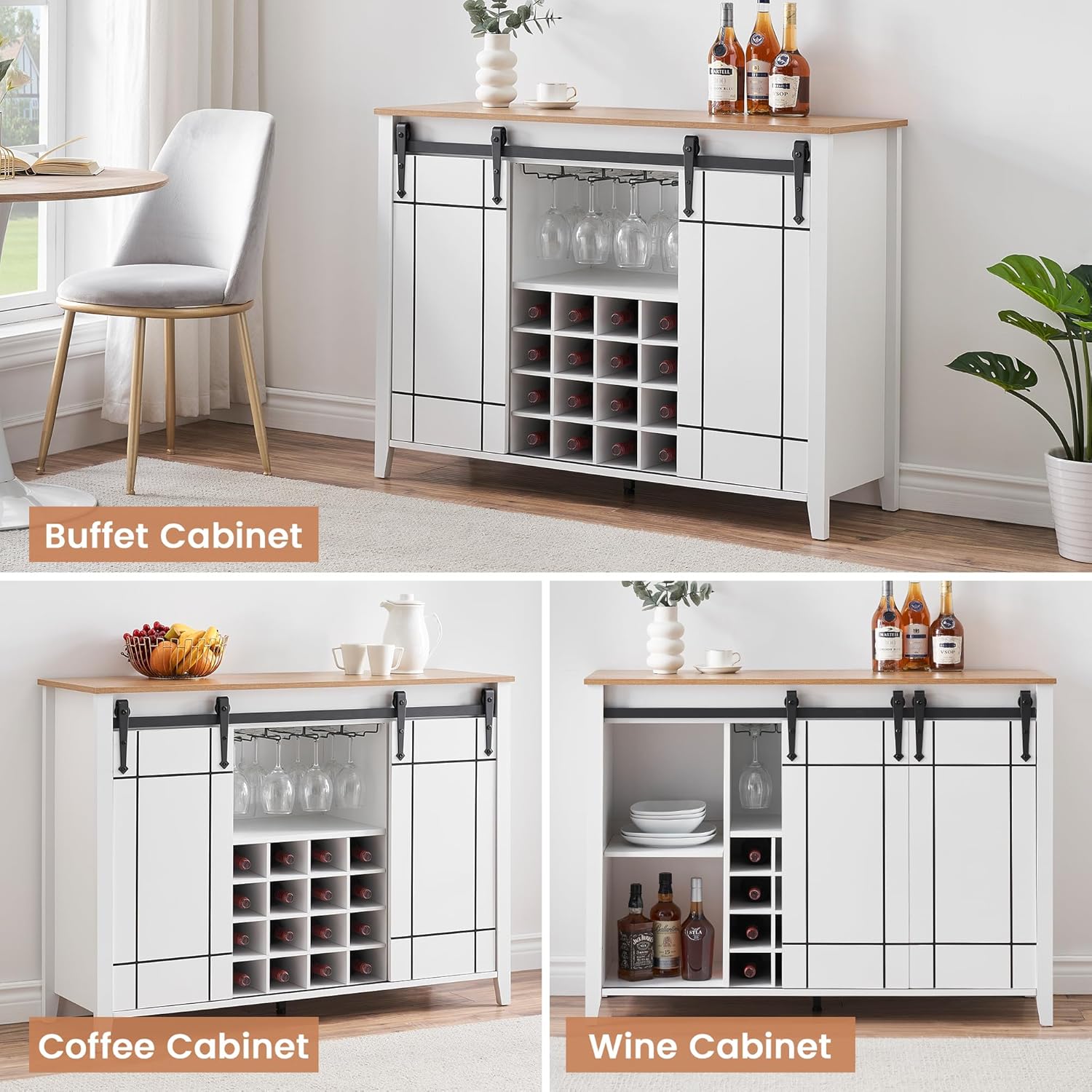 GAOMON Farmhouse Coffee Bar Cabinet 47", Buffet Cabinet with Sliding Barn Door, Coffee Bar with 4 Glass Hooks and 16 Wine Racks for Kitchen, Dining and Living Room, White