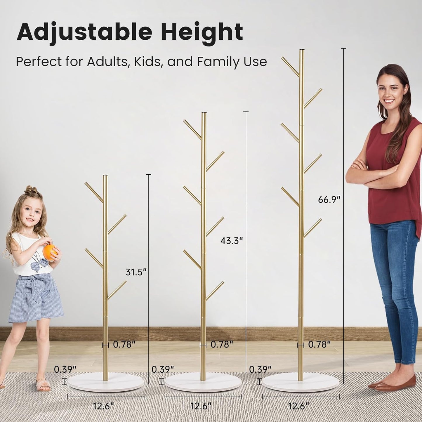 Freestanding Coat Rack with Marble Base, 4 Height Adjustable Standing Metal Coat Tree with 7 Hooks, Space-Saving Hat Clothes Coat Stand for Entryway, Bedroom, Office (Gold)