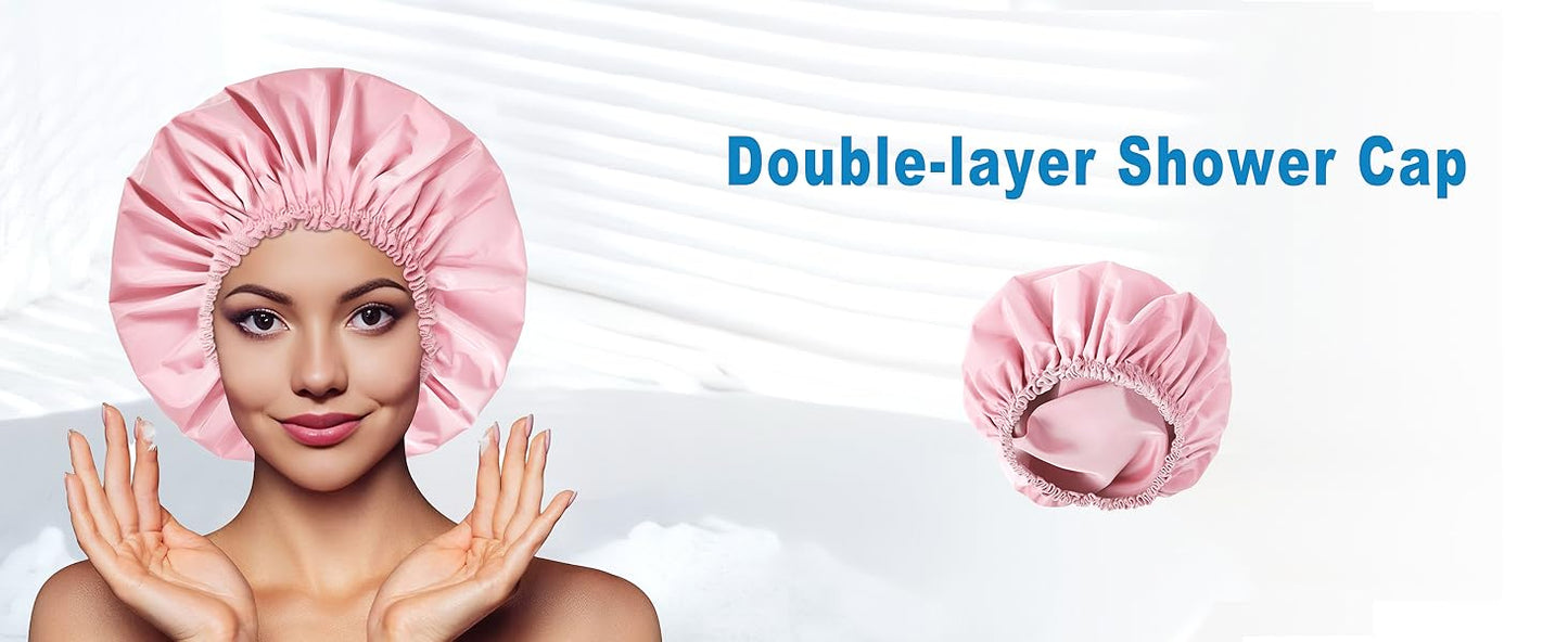 Shower Cap for Women, Double Layer Waterproof Bath Cap, Reusable Hair Protector, Large Waterproof Shower Bonnet Washable Elastic Band Bath Hair Hat for Long Hair, Braids， - Pink