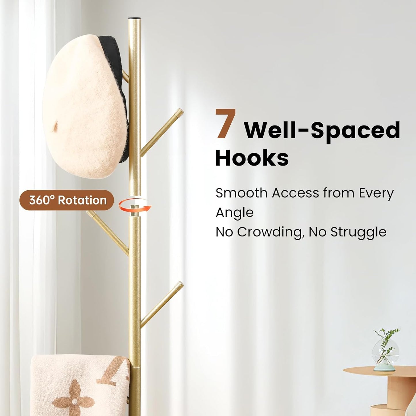 Freestanding Coat Rack with Marble Base, 4 Height Adjustable Standing Metal Coat Tree with 7 Hooks, Space-Saving Hat Clothes Coat Stand for Entryway, Bedroom, Office (Gold)