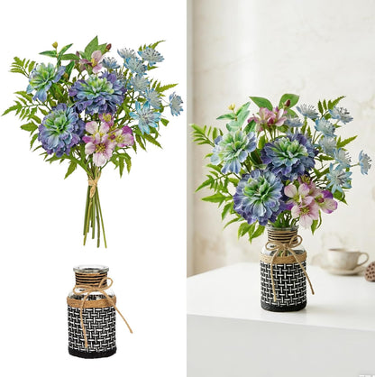 Fake Flowers in Vase Blue Faux Flowers Bush Bouquet Plant Flower Arrangements with Woven Glass Vase Artificial Flower Floral Bulk Bouquet Home Decor Bathroom Table Centerpiece Decorations