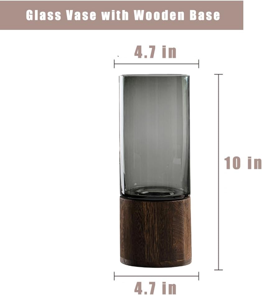 Wood Glass Vase, 10" H, Wooden Base Cylindrical Flower Vase, Classic Boho Rustic Style for Fireplace Bedroom Kitchen Living Room Centerpieces Office Desk